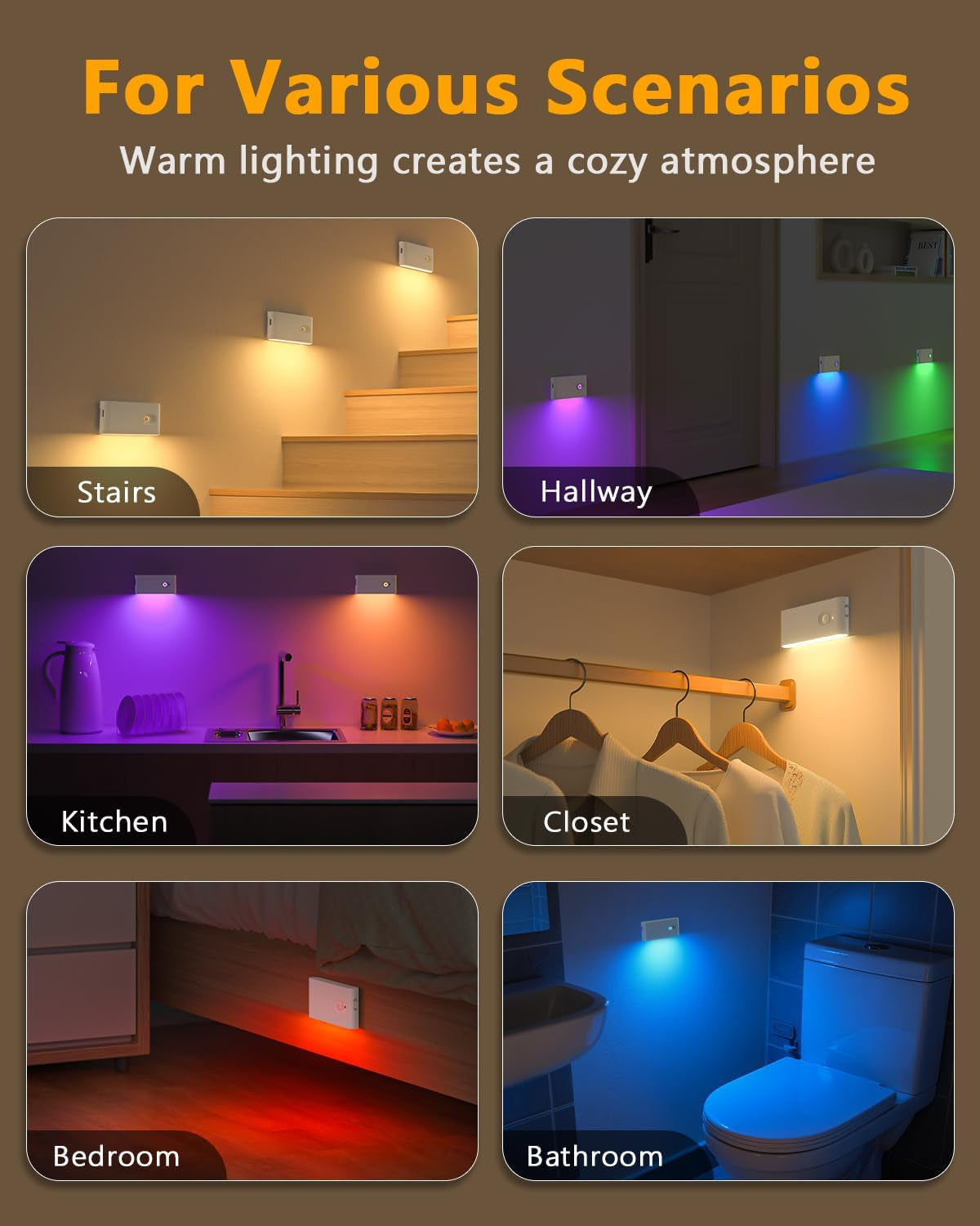 Motion Sensor Lights Indoor,Rgb & Warm White Motion Sensor Night Light,Wireless Color Changing Stair Lights Indoor for Kids' Room,Stair,Bathroom,Hallway,Kitchen,Bedroom,Closet,Cabinet 8PC
