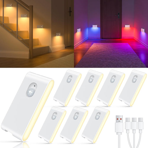 Motion Sensor Lights Indoor,Rgb & Warm White Motion Sensor Night Light,Wireless Color Changing Stair Lights Indoor for Kids' Room,Stair,Bathroom,Hallway,Kitchen,Bedroom,Closet,Cabinet 8PC