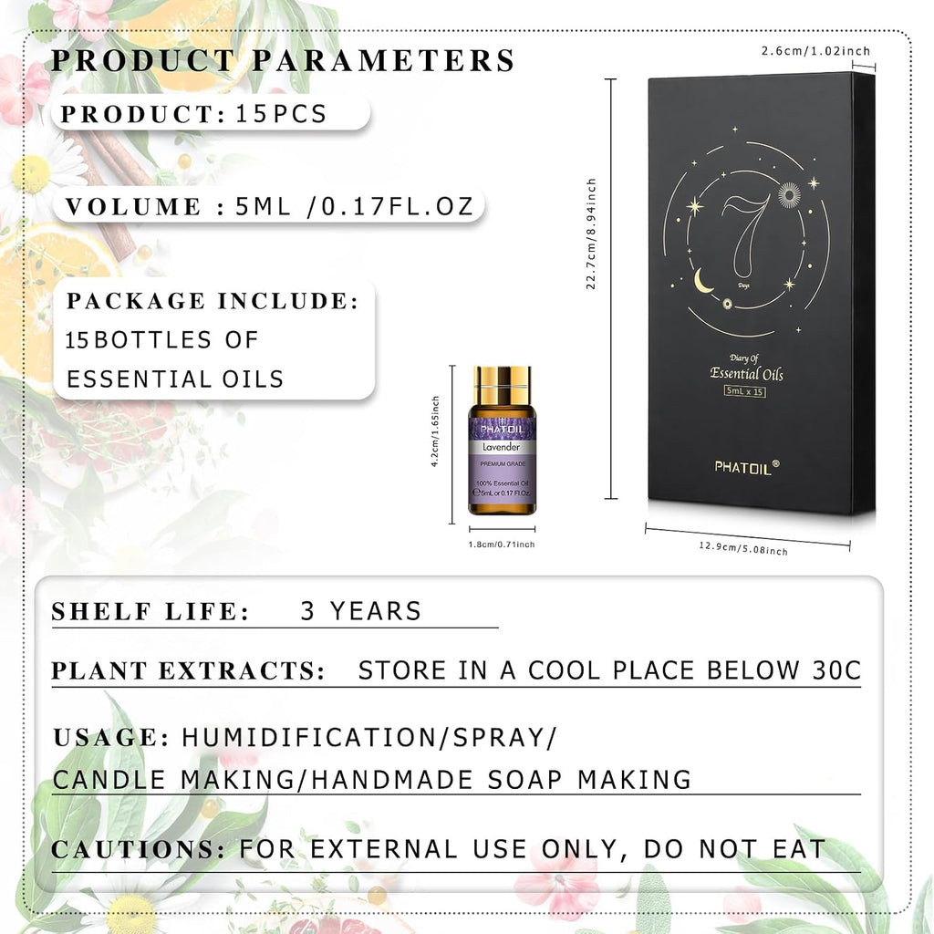 Essential Oil Gift Set for Diffuser, Skin Care, Massage, 15 X 5Ml